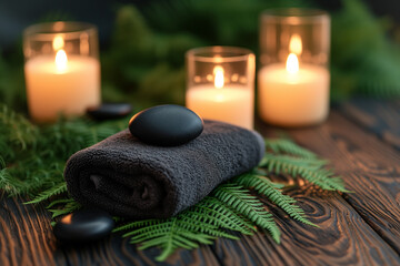 Fototapeta na wymiar Towel on fern with candles and black hot stone on a wooden background