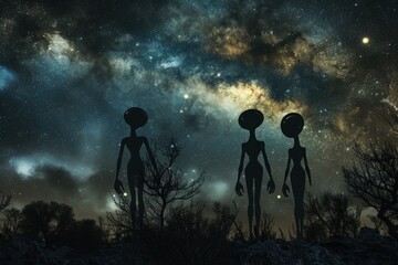 Fototapeta premium Three aliens under midnight sky, surrounded by electric blue atmosphere