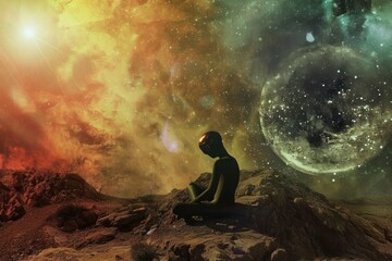 An artistic portrayal of a man sitting on a rock in front of a galaxy