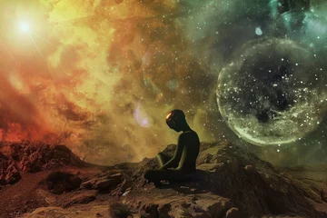 Foto op Canvas An artistic portrayal of a man sitting on a rock in front of a galaxy © Anna