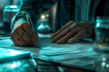 The hands of an elderly man write with a pen on paper.