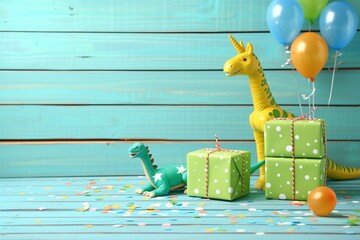 Inflatable dinosaurs, green gift boxes, and balloons on a wooden floor signify a playful and...