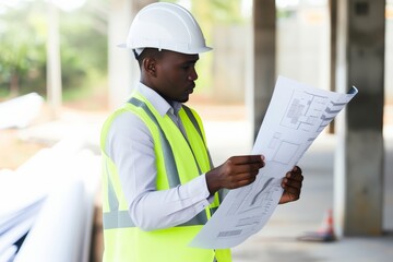 African American engineer working on construction site.  Focused man engineer examining blueprints at construction. Concentrated male engineer with plans on building site in bright vest.