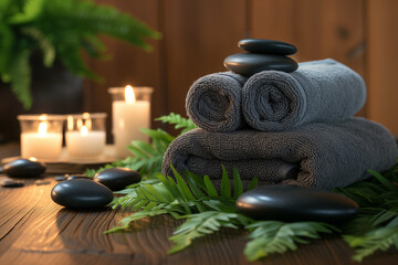Towel on fern with candles and black hot stone on a wooden background