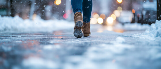 Pernas de mulher de salto alto andando em uma rua nevada em Nova York - obrazy, fototapety, plakaty