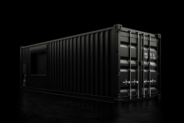 A dark 3D portrayal of a shipping container on a black background. Generative AI