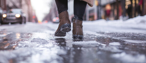 Pernas de mulher de salto alto andando em uma rua nevada em Nova York - obrazy, fototapety, plakaty