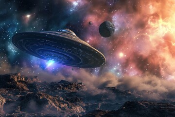 An astronomical object hovers over a rocky planet in the darkness of outer space