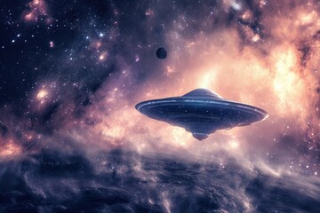Fototapeta premium A UFO is soaring in outer space among celestial bodies