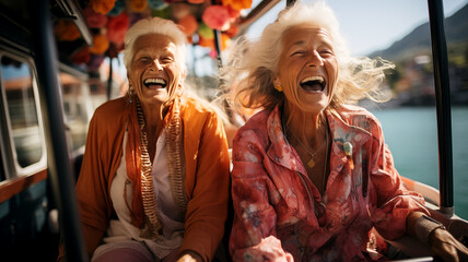 Senior women having fun on a boat trip.