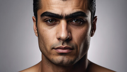 Man's unibrow. Thick black fused eyebrows
