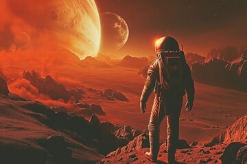 An astronaut in a space suit is on a red planets landscape