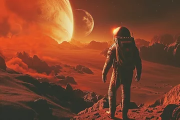 Foto op Canvas An astronaut in a space suit is on a red planets landscape © Anna