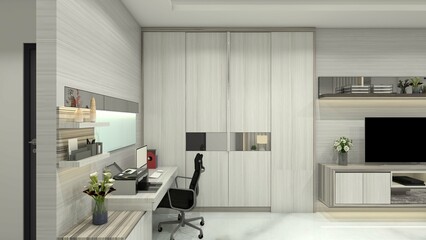 Minimalist Work Desk Design with Drawer Cabinet, Display Rack and Storage Wardrobe