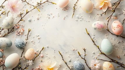 Pastel Easter Eggs and Blossoms on a Marble Background.