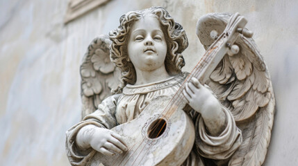 An angel holding a delicately carved lute its strings seemingly plucked by invisible hands as celestial music fills the air.