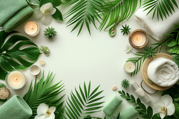 Green spa or wellness frame mockup with towels, leafs and candles