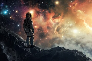 an astronaut is standing on top of a mountain looking at the stars