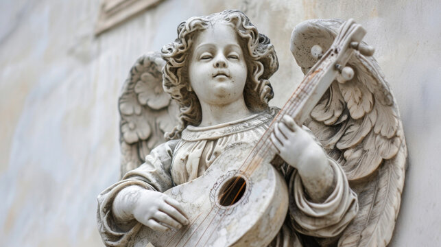 An angel holding a delicately carved lute its strings seemingly plucked by invisible hands as celestial music fills the air.
