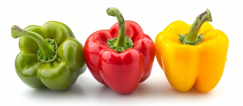 A row of three bell peppers of different colors is showcased on a white background. These natural foods are a popular ingredient in cuisines worldwide, adding flavor and color to dishes.