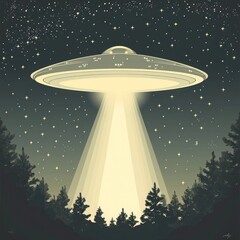an illustration of an ufo flying over a forest at night