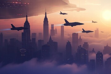 a group of fighter jets are flying over a city at sunset - obrazy, fototapety, plakaty