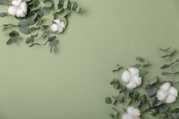 Obraz premium Eucalyptus leaves. Aromatherapy. Fresh eucalyptus close-up, on background. Fragrant essential oil. View from above. Copy space. Natural cosmetics and skin care concept.