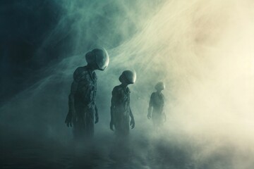 Aliens gather in the misty cloud, surrounded by electric blue haze