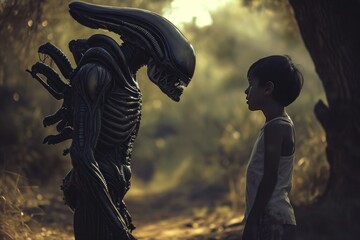 a boy and an alien are standing next to each other in the woods - Powered by Adobe