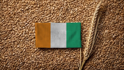 Grains wheat with Cote d'Ivoire flag, trade export and economy concept. Top view.