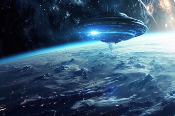 an alien ship is flying over the earth in space