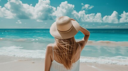 A woman wearing a hat stands on the beach, with the ocean and waves in the background.