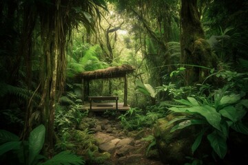Green tropical forest backdrop for spa and travel, representing relaxing and free lifestyle. Generative AI