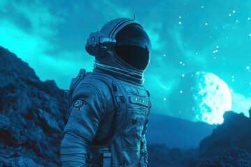 An astronaut in an electric blue space suit stands in front of the full moon
