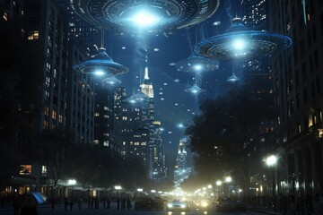 a group of flying saucers are flying over a city at night