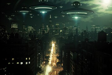 a group of flying saucers are flying over a city at night
