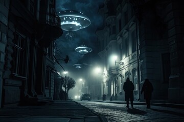 a group of people are walking down a street at night with ufos flying overhead