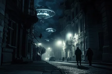 Fotobehang a group of people are walking down a street at night with ufos flying overhead © Anna