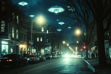 Fototapeten UFOs hover over city street at night, illuminating buildings with eerie glow © Anna