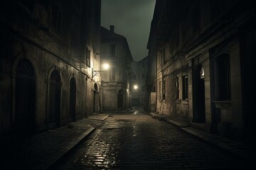 Fototapeta na wymiar An eerie street in an ancient urban area, exuding a haunting atmosphere. Generative AI