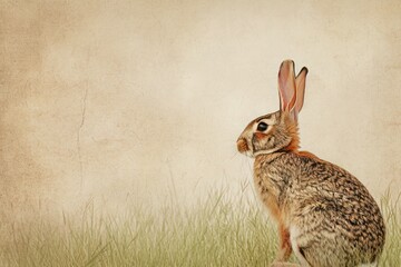  small cottontail rabbit gazes upwards while sitting in the grass