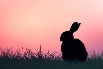 A hare silhouette in the grass as the sun sets against the horizon - obrazy, fototapety, plakaty