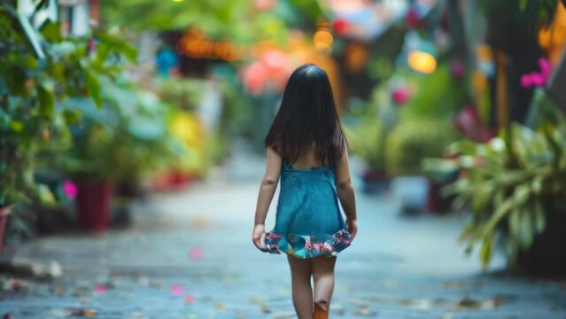 Cute asian little girl playing in the park with bokeh background