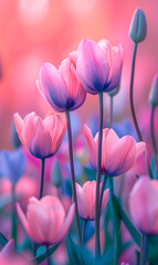 Background with pink tulips. Spring background. AI