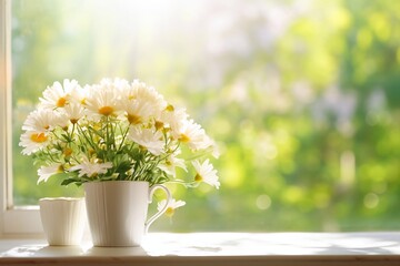 Pleasant feeling of freshness in the morning, white chrysanthemums on the windowsill and a cup of tea, with space for text