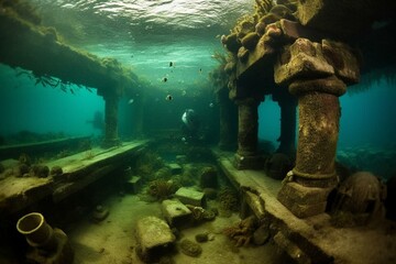 Sunken city with ancient architecture, gorges, tunnels, and diverse aquatic life forms. Generative AI