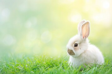 Obraz premium A small domestic rabbit with white fur is sitting in the green grass
