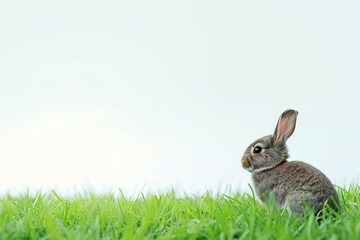 A small wood rabbit is sitting in the grass on a natural landscape backdrop