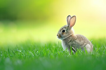 Fototapeta premium Mountain Cottontail sitting in the grass, gazing at the camera