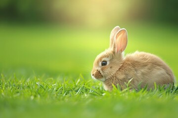 A small brown rabbit lounges in the grass, blending into the natural landscape